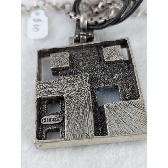 Vintage chico's Modernist Pendant 1.75" square1 leather + metal 17-21"EUCBlue - Picture 7 of 7